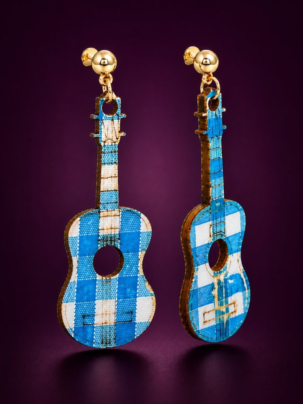 Earrings - Vintage Style Wood Guitar Dangle Drop Stud  - Blue White Plaid